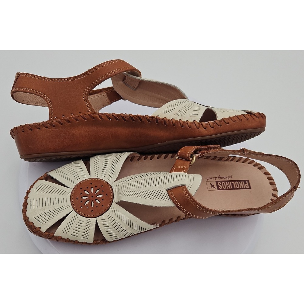 Pikolinos P. Vallarta Cream Brown Sandal Sz 9-9.5 Boho Mary Jane Cottagecore EUC